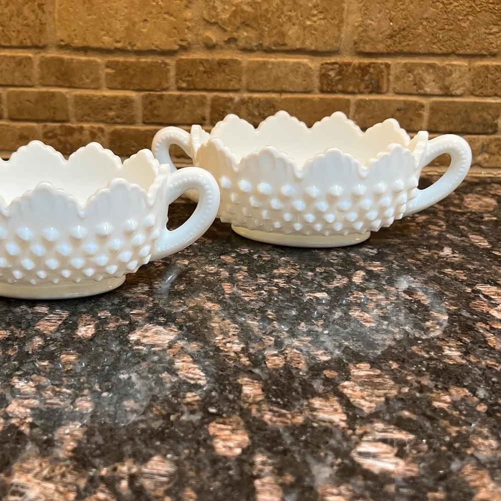 Two Vintage Fenton Hobnail Milk Glass Nut or Candy Bowl